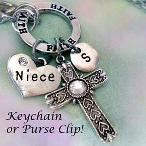 Niece Birthstone Cross Keychain or Clip, Faith Ring with Letter Charm & Sparkling Birthstone of your Choice, Handcrafted with Love!