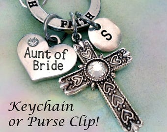 Aunt of Bride Birthstone Cross Keychain or Purse Clip, Faith Ring Personalized w-Letter Charm & Swarovski Birthstone, Aunt of the Bride Gift