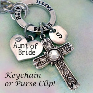 Aunt of Bride Birthstone Cross Keychain or Purse Clip, Faith Ring Personalized w-Letter Charm & Swarovski Birthstone, Aunt of the Bride Gift