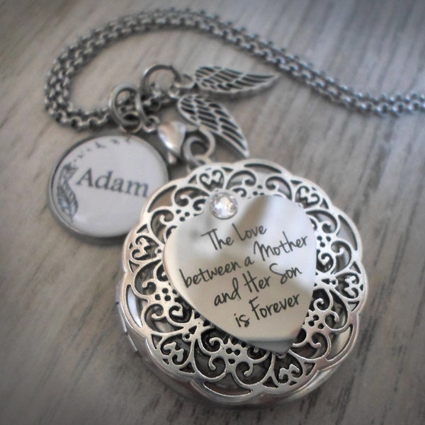 Son Memorial Locket Customized with Name of Your Choice, The Love Between a Mother and Her Son is Forever Necklace, Bereavement Gift