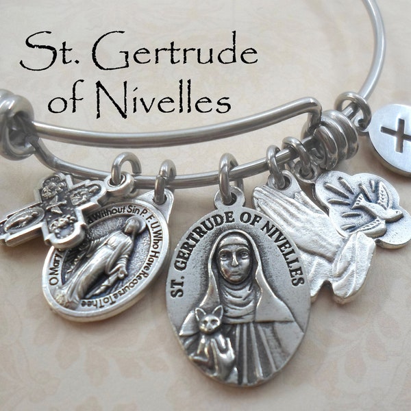 Sint-Gertrude van Nijvel Bangle Bracelet, patroonheilige van katten en mensen die van ze houden, reizigers, tuinlieden, psychische aandoeningen