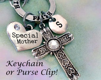 Special Mother Birthstone Cross Keychain or Purse Clip-Faith Ring w-Letter Charm & Swarovski Birthstone, Mother Birthday, Mother Gift, Mom