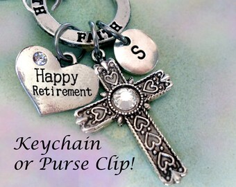 Happy Retirement Birthstone Cross Keychain or Purse Clip, Faith Ring with Letter Charm & Swarovski Birthstone, Happy Retirement Gift
