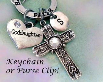 Goddaughter Birthstone Cross Keychain or Purse Clip-Faith Ring w-Letter Charm & Swarovski Birthstone, Goddaughter Gift, Goddaughter Birthday