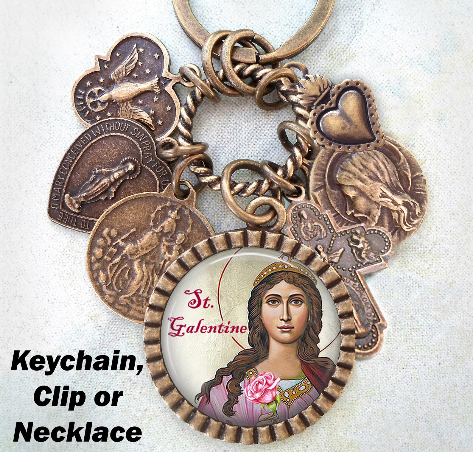St. Galentine Necklace, Keychain or Clip, Patron Saint of Female