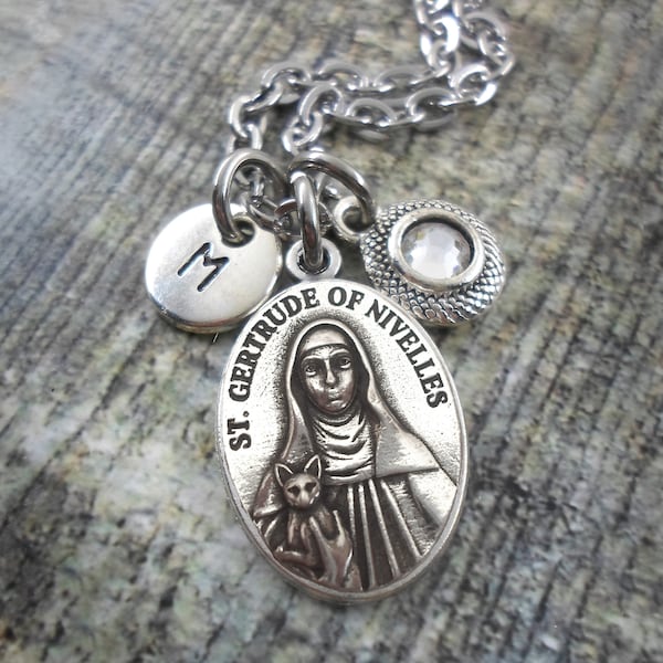 St. Gertrude of Nivelles Necklace with Birthstone Crystal and Letter Charm, Saint Gertrude, Patron Saint of Cats and People Who Love Them!