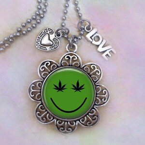 Cannabis Smiley Face Necklace w-Heart & LOVE Charms, Weed Lover Gift, Pot, Mary Jane, Ganja, Marijuana, 420, Pothead, Cannabis Smile