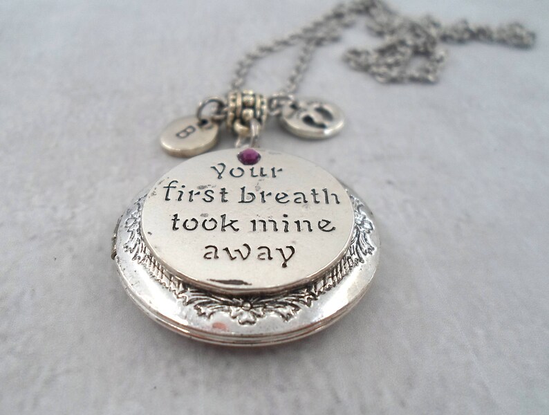 New Baby Locket Your First Breath Took Mine Away Personalized w-Letter Charm & Swarovski Birthstone, New Mom Gift, New Grandma, Godmother image 1