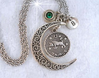 Collar de Tauro con filigrana de luna creciente con cristal de Swarovski y dije de letra. Regalo de cumpleaños de abril y mayo. Regalo del zodiaco.