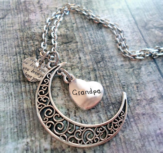 Filigree Crescent Moon Necklace with Engraved Grandpa Heart Hand-crafted with Love! Grandfather Gift