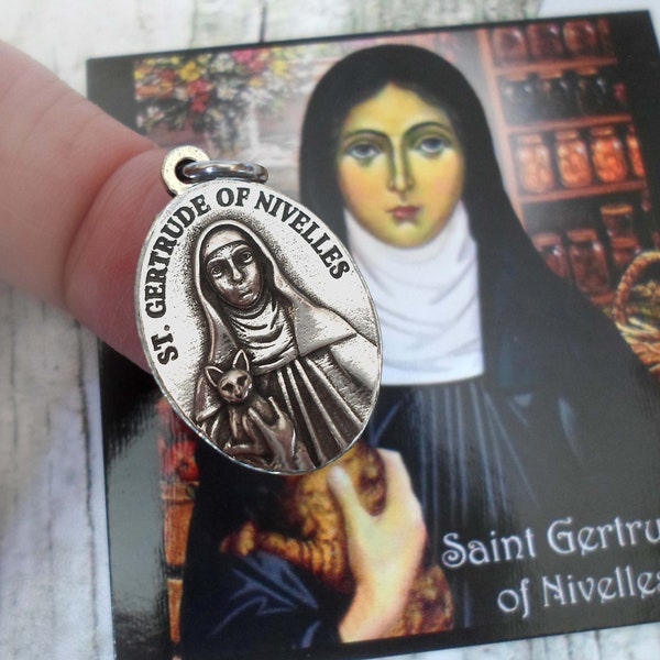 Saint Gertrude of Nivelles Custom Medal with High-def Glossy Image, Protect & Bless My Cat, Patron Saint of Cats, Widows, Gardeners (Silver)