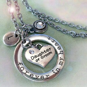 Collar para la hija del novio, "Por siempre en mi corazón", dije personalizado con letra W y cristal con piedra de nacimiento, regalo para la hija del novio.