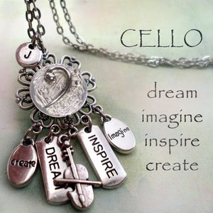 Collar de violonchelo con dije de letra a elegir, regalo de cumpleaños, regalo para violonchelista, ¡Me encantan los violonchelos! Sueña, inspira, crea, imagina, regalo para violonchelista.