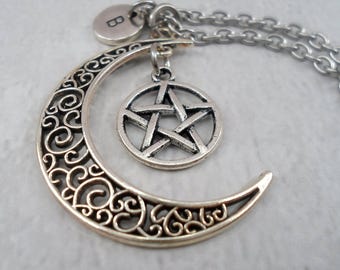 Pentagram ketting filigraan wassende maan w-letter bedel naar keuze, heidens geschenk, bescherming, heidense sieraden, Wicca sieraden, pentagram