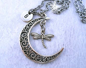 Sweet Dragonfly Necklace, Filigree Crescent Moon w-Letter Charm of Your Choice, Birthday Gift, Dragonfly Lover Gift, Dragonfly Necklace