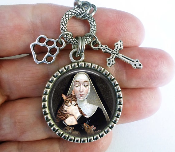 Gertrude with Sweet Gray Cat St Patron Saint of Cats Keychain or Zipper Pull Gertrude with Sweet Gray Cat St Patron Saint of Cats Keychain or Zipper Pull