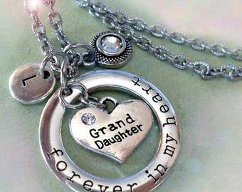Granddaughter Necklace, Forever in My Heart Personalized w-Letter Charm & Sparkling Birthstone Crystal of Your Choice, Handcrafted with Love