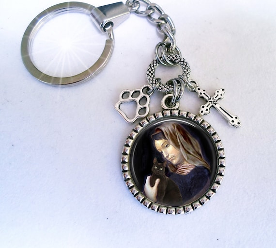 Cats Birthstone Crystal St Gertrude Keychain or Zipper Pull with Letter Charm 