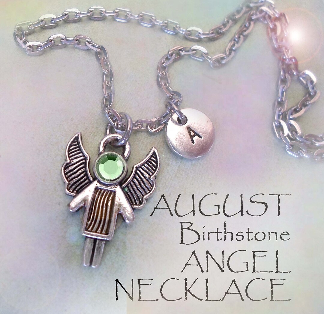 August Angel Birthstone Necklace W-letter Charm, Sparkling Peridot