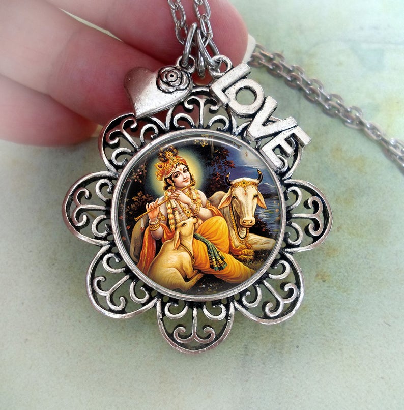 Lord Krishna Necklace Wlove & Heart Charms Hindu God of Etsy