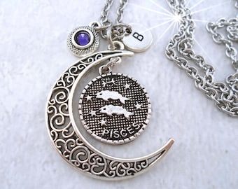 Collar de Piscis con filigrana de luna creciente, piedra natal, cristal y dije de letra. Regalo de cumpleaños de febrero. Regalo de cumpleaños de marzo. Regalo de Piscis. Signo zodiacal.