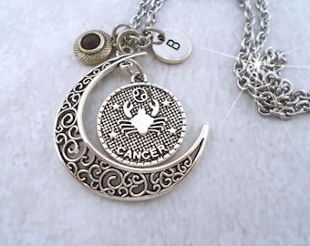 Cancer Zodiac Necklace Filigree Crescent Moon with Sparkling Birthstone Crystal & Letter Charm, June Birthday Gift, July Birthday Gift