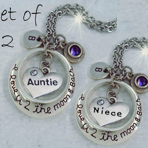 Collares "Te amo" para tía y sobrina, con luna y espalda, dije de letra y cristal de piedra de nacimiento. Juego de 2. Regalos para tía y sobrina. Regalo para tía.