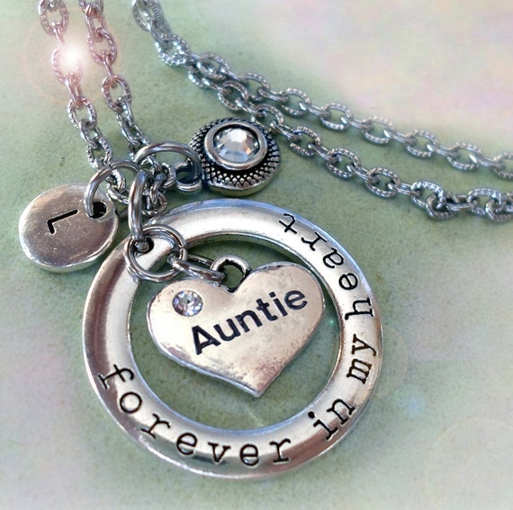 Collana per zia, Per sempre nel mio cuore personalizzata con ciondolo a forma di lettera e cristallo con pietra portafortuna, regalo di compleanno per zia, regalo speciale per zia - Italia