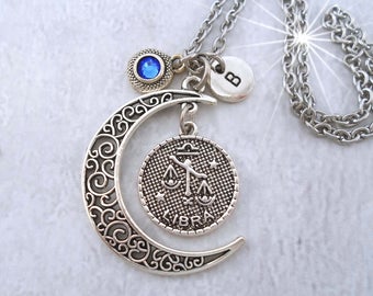 Libra  Necklace Filigree Crescent Moon with Birthstone Crystal & Letter Charm, October Birthday Gift, September Birthday Gift, Zodiac gift