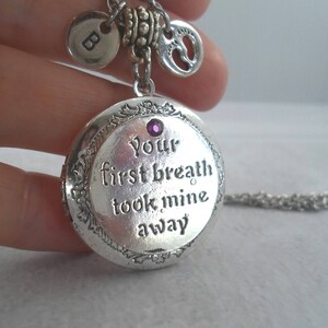 New Baby Locket Your First Breath Took Mine Away Personalized w-Letter Charm & Swarovski Birthstone, New Mom Gift, New Grandma, Godmother image 3