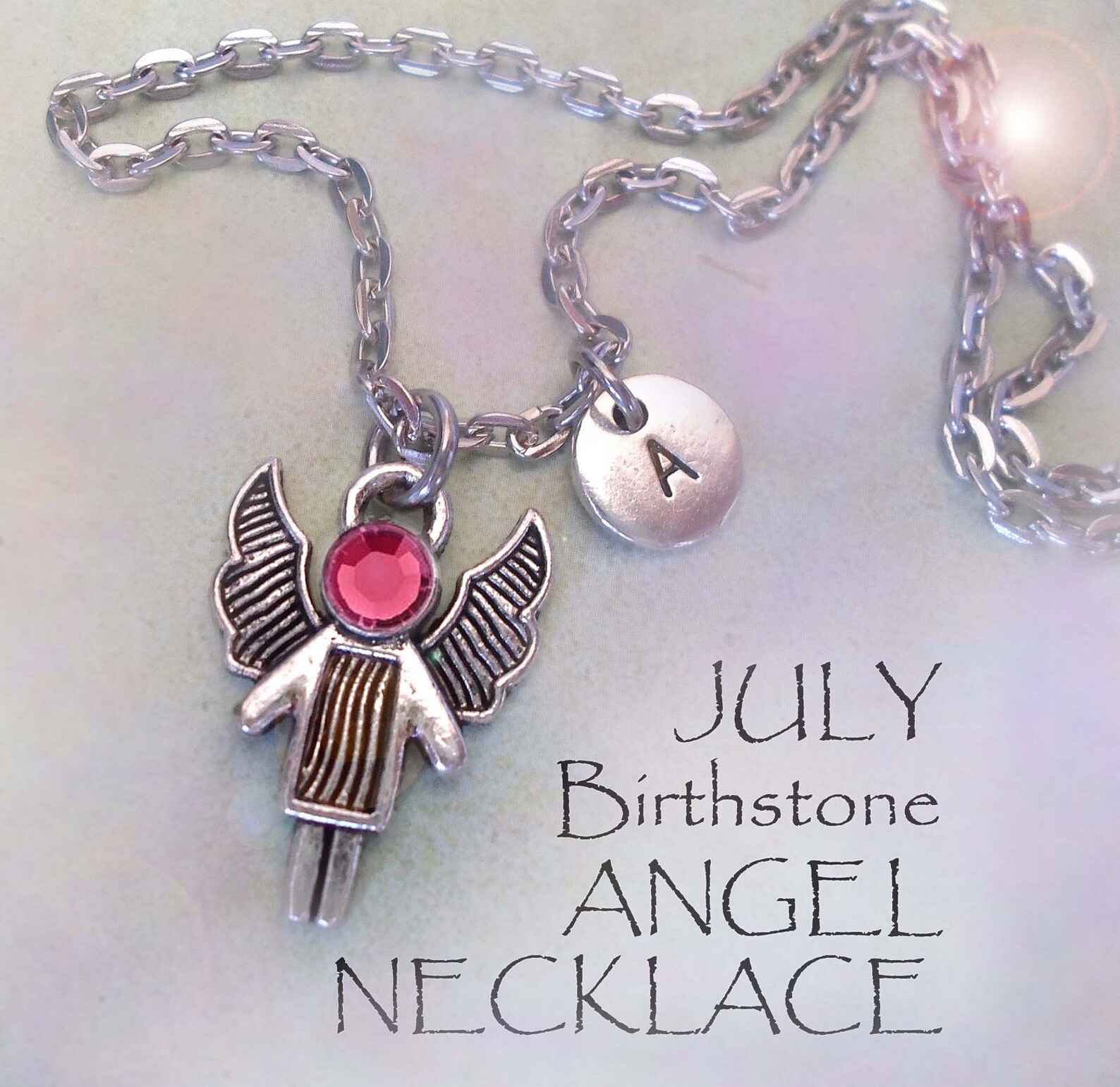 July Angel Birthstone Necklace Wletter Charm & Swarovski Ruby Etsy