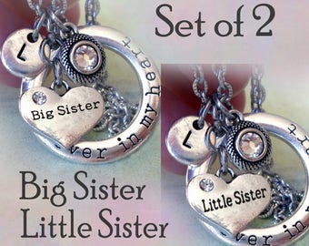 Set of 2 Big Sister & Little Sister Forever in My Heart Necklaces w-Letter Charms of Your Choice, Big Sister Gift, Little Sister Gift