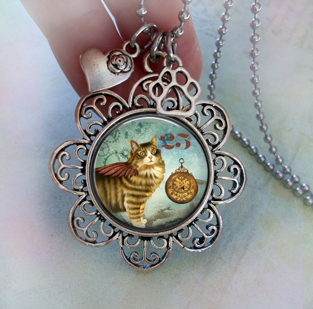 Winged Steampunk Cat Necklace W-heart and Paw Charms Cat - Etsy