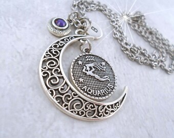 Aquarius Necklace Filigree Crescent Moon with Birthstone Crystal & Letter Charm, February Birthday, January Birthday, Aquarian, Zodiac