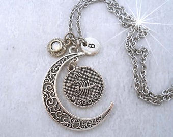 Scorpio Necklace Filigree Crescent Moon w-Swarovski Birthstone Crystal & Letter Charm, October Birthday Gift, November Birthday Gift, Zodiac