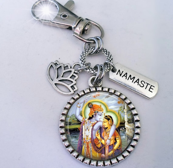 Krishna and Radha Keychain or Zipper Pull With Lotus Flower and Namaste Charm Handcrafted With Love Etsy UK