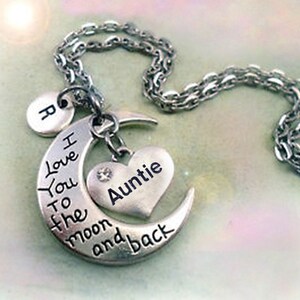 Collar personalizado "Te amo hasta la luna y de regreso" con la letra "w" a tu elección, regalo de cumpleaños para tía, regalo especial para tía.