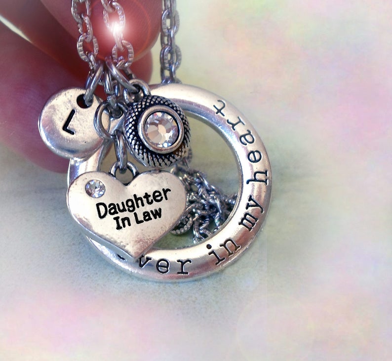 Daughter in Law Gift Set of 2 Forever in My Heart Mother in Law /& Daughter in Law Necklaces Personalized w-Letter Charms-Mother in Law Gift