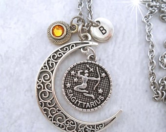 Sagittarius Necklace Filigree Crescent Moon w-Swarovski Birthstone Letter Charm, December Birthday Gift, November Birthday Gift, Zodiac Gift