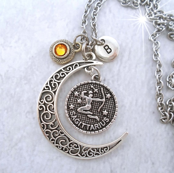Sagittarius Necklace Filigree Crescent Moon w-Swarovski Birthstone Letter Charm, December Birthday Gift, November Birthday Gift, Zodiac Gift