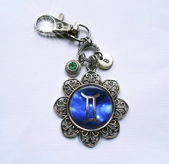 Gemini Zodiac Symbol Keychain or Zipper Pull With Sparkling