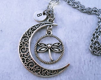 Beautiful Dragonfly Necklace, Filigree Crescent Moon w-Letter Charm of Your Choice, Dragonfly Necklace, Dragonfly Lover Gift, Birthday Gift