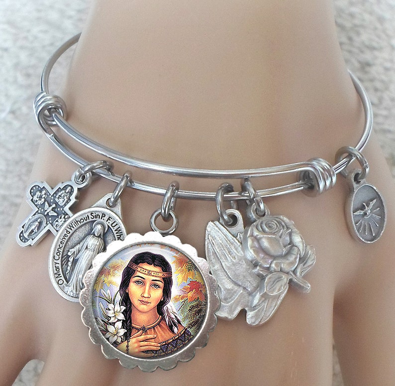 Saint Kateri Tekakwitha Bangle, Lily of the Mohawks, Patron Saint of Ecology, Native Americans, the Environment, Handcrafted with Love image 1