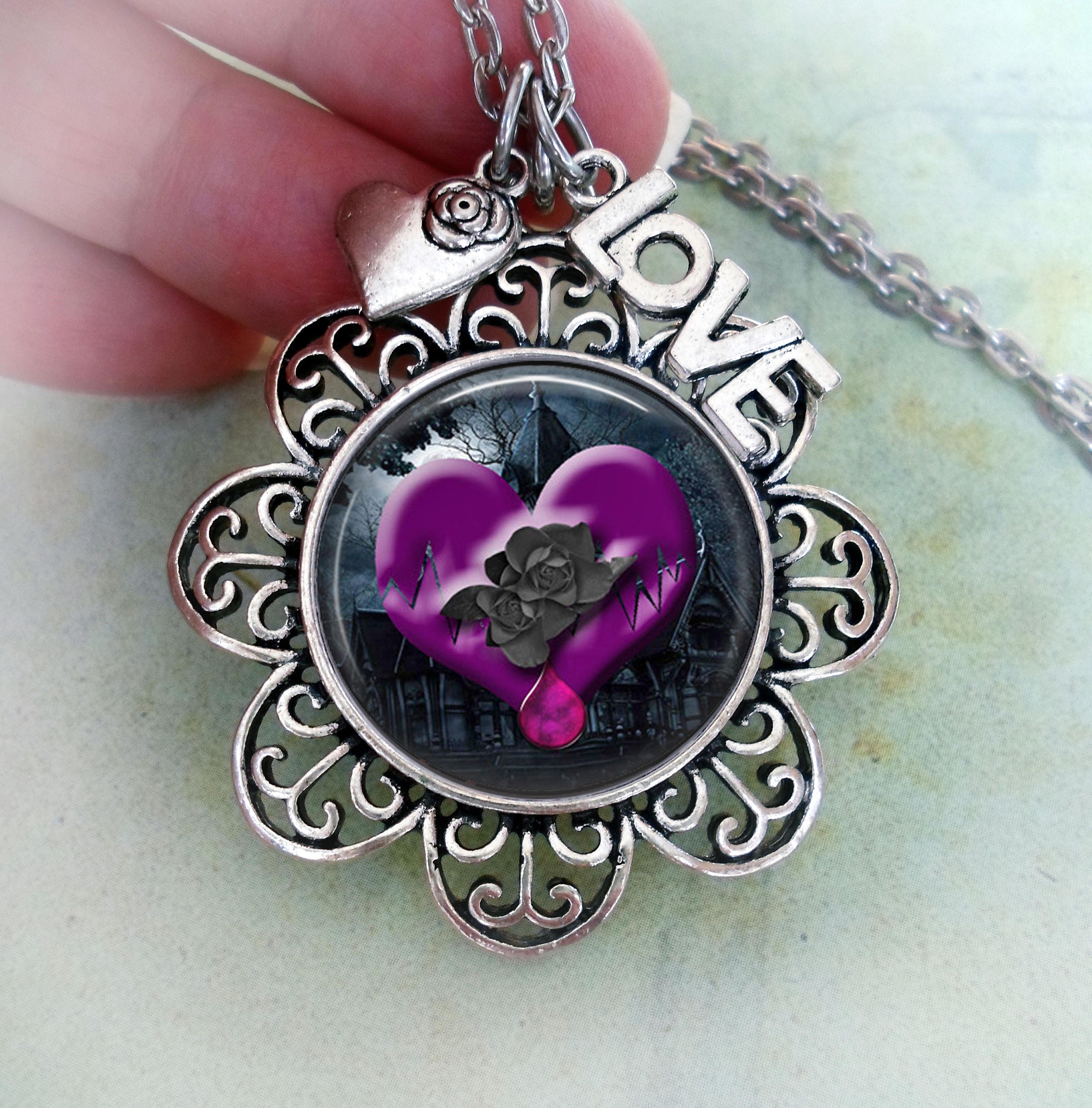 Gothic Heart Necklace with LOVE & Heart Charms Gothic Etsy