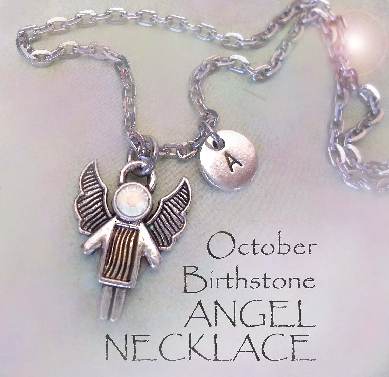 October Angel Birthstone Necklace W-letter Charm & Sparkling Rose