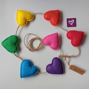 May include: A vibrant heart garland made of felt hearts in yellow, red, green, pink, blue, and purple. The hearts are threaded on twine, with a small tag that reads "Handmade with Love". A small purple square with a white heart is also included.