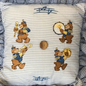 Embroidered Baby Boy throw pillow musical bears - drums, cymbols, trumpet, marching band - nursery decoration baby shower gift