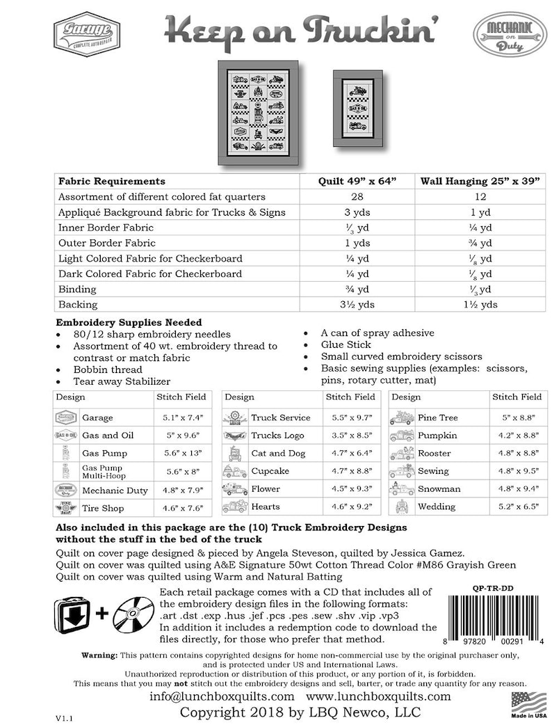 Keep on Truckin/' machine embroidery applique designs wpattern Lunch Box Quilts multi-format CD
