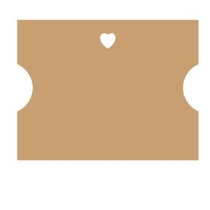 May include: A brown paper gift tag with a heart-shaped cutout in the top center.