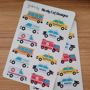 City Vehicle Stickers, School Bus, Police Car, Ambulance, Mail Truck, Fire Truck, Taxi, Transportation Stickers, Journal Stickers, Scrapbook